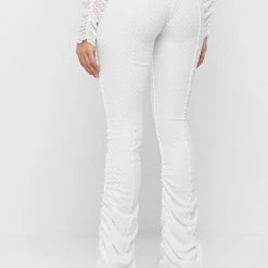 Woman Trousers Ruched Mesh Flared Trousers - White