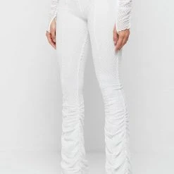 Woman Trousers Ruched Mesh Flared Trousers - White