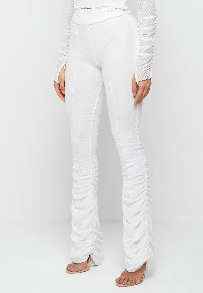 Woman Trousers Ruched Mesh Flared Trousers - White