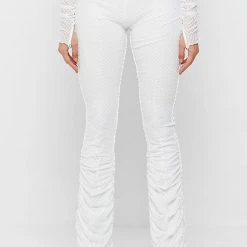 Woman Trousers Ruched Mesh Flared Trousers - White
