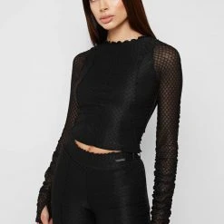 Woman Tops Ruched Mesh Long Sleeve Top - Black
