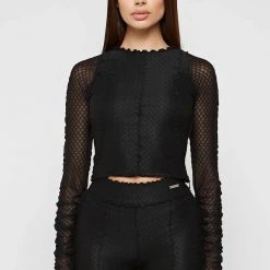 Woman Tops Ruched Mesh Long Sleeve Top - Black