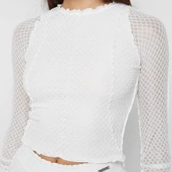 Woman Tops TOPS & T SHIRTS Ruched Mesh Long Sleeve Top - White