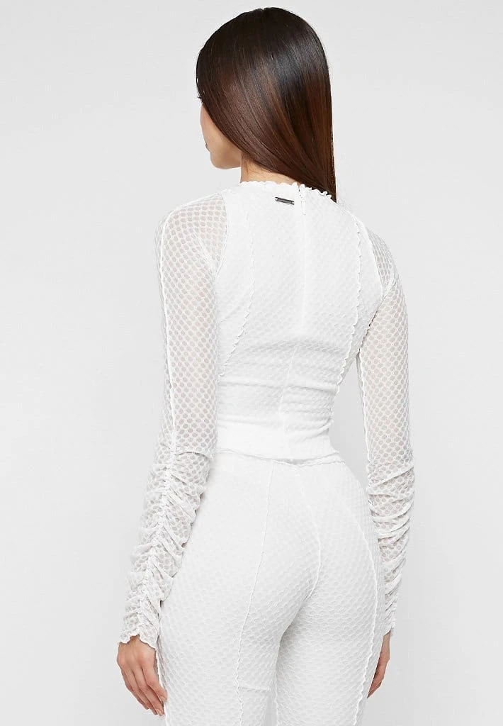 Woman Tops TOPS & T SHIRTS Ruched Mesh Long Sleeve Top - White