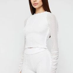 Woman Tops TOPS & T SHIRTS Ruched Mesh Long Sleeve Top - White