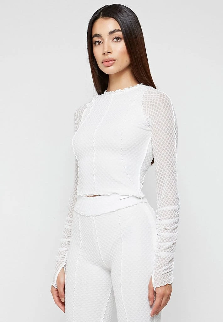 Woman Tops TOPS & T SHIRTS Ruched Mesh Long Sleeve Top - White