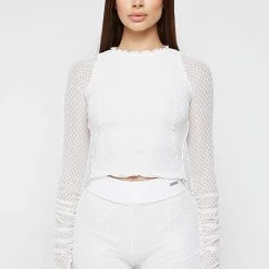 Woman Tops TOPS & T SHIRTS Ruched Mesh Long Sleeve Top - White