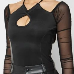 Woman Tops Ruched Mesh Sleeve Bodysuit - Black BODYSUITS