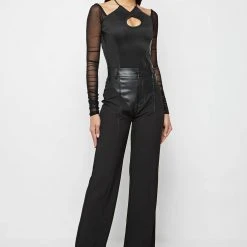 Woman Tops Ruched Mesh Sleeve Bodysuit - Black BODYSUITS