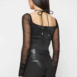 Woman Tops Ruched Mesh Sleeve Bodysuit - Black BODYSUITS