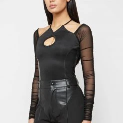 Woman Tops Ruched Mesh Sleeve Bodysuit - Black BODYSUITS