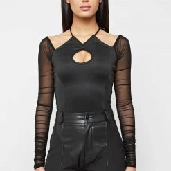 Woman Tops Ruched Mesh Sleeve Bodysuit - Black BODYSUITS