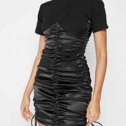 Woman Dresses Ruched Satin T-Shirt Dress - Black