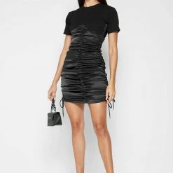 Woman Dresses Ruched Satin T-Shirt Dress - Black