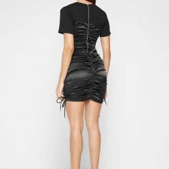 Woman Dresses Ruched Satin T-Shirt Dress - Black