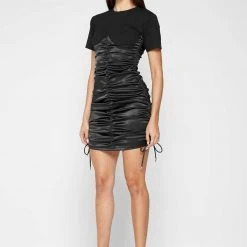 Woman Dresses Ruched Satin T-Shirt Dress - Black