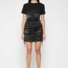 Woman Dresses Ruched Satin T-Shirt Dress - Black