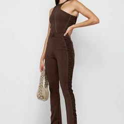 Woman Leggings Ruched Side Flared Leggings - Chocolate Brown