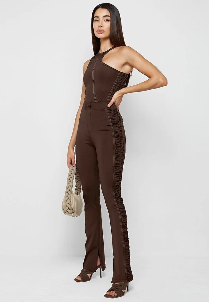 Woman Leggings Ruched Side Flared Leggings - Chocolate Brown