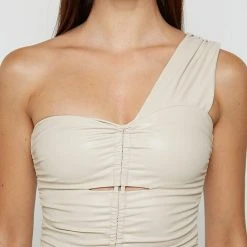 Woman Tops Ruched Vegan Leather Bodysuit - Beige BODYSUITS