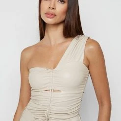 Woman Tops Ruched Vegan Leather Bodysuit - Beige BODYSUITS