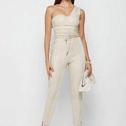 Woman Tops Ruched Vegan Leather Bodysuit - Beige BODYSUITS