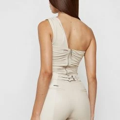 Woman Tops Ruched Vegan Leather Bodysuit - Beige BODYSUITS
