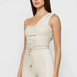 Woman Tops Ruched Vegan Leather Bodysuit - Beige BODYSUITS