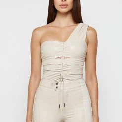 Woman Tops Ruched Vegan Leather Bodysuit - Beige BODYSUITS