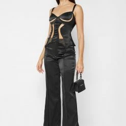 Woman Trousers Satin Trousers With Beaded Fringe - Black
