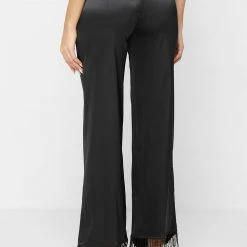 Woman Trousers Satin Trousers With Beaded Fringe - Black
