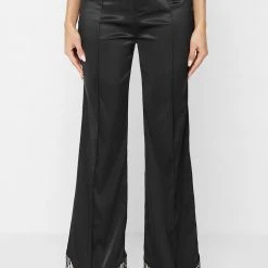 Woman Trousers Satin Trousers With Beaded Fringe - Black