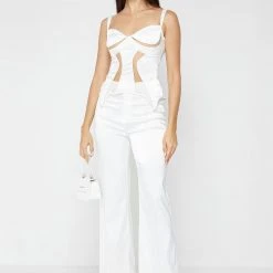 Woman Trousers Satin Trousers With Beaded Fringe - White