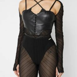 Woman Tops Sheer Bodysuit With Vegan Leather Corset - Black BODYSUITS