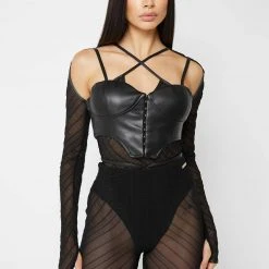 Woman Tops Sheer Bodysuit With Vegan Leather Corset - Black BODYSUITS