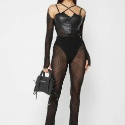 Woman Tops Sheer Bodysuit With Vegan Leather Corset - Black BODYSUITS