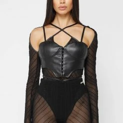 Woman Tops Sheer Bodysuit With Vegan Leather Corset - Black BODYSUITS