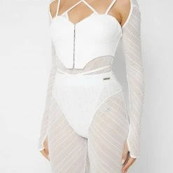 Woman Tops Sheer Bodysuit With Vegan Leather Corset - White BODYSUITS