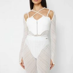 Woman Tops Sheer Bodysuit With Vegan Leather Corset - White BODYSUITS