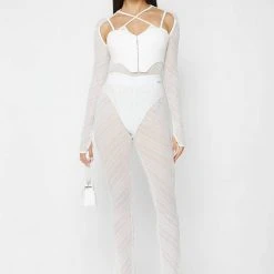 Woman Tops Sheer Bodysuit With Vegan Leather Corset - White BODYSUITS