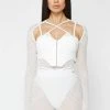 Woman Tops Sheer Bodysuit With Vegan Leather Corset - White BODYSUITS
