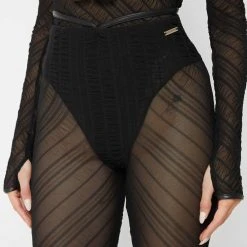 Woman Trousers Sheer Trousers With Vegan Leather Ties - Black