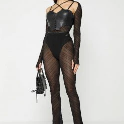 Woman Trousers Sheer Trousers With Vegan Leather Ties - Black