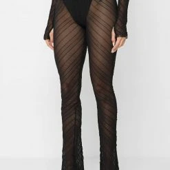 Woman Trousers Sheer Trousers With Vegan Leather Ties - Black