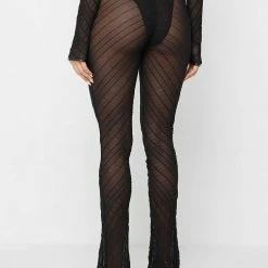 Woman Trousers Sheer Trousers With Vegan Leather Ties - Black