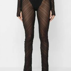 Woman Trousers Sheer Trousers With Vegan Leather Ties - Black