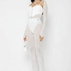 Woman Trousers Sheer Trousers With Vegan Leather Ties - White