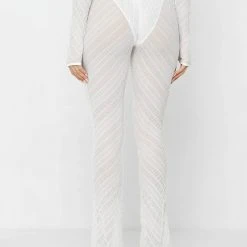 Woman Trousers Sheer Trousers With Vegan Leather Ties - White