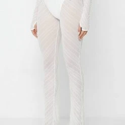 Woman Trousers Sheer Trousers With Vegan Leather Ties - White