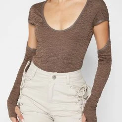 Woman Tops Shirred Cut Out Bodysuit - Brown